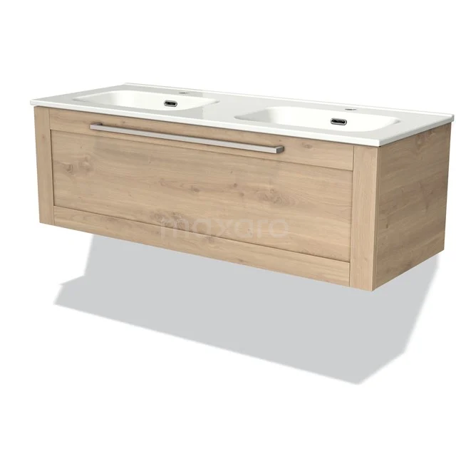 Wooden vanity units with double basin, oak-look finish and metal handle, modern design for bathroom interior.