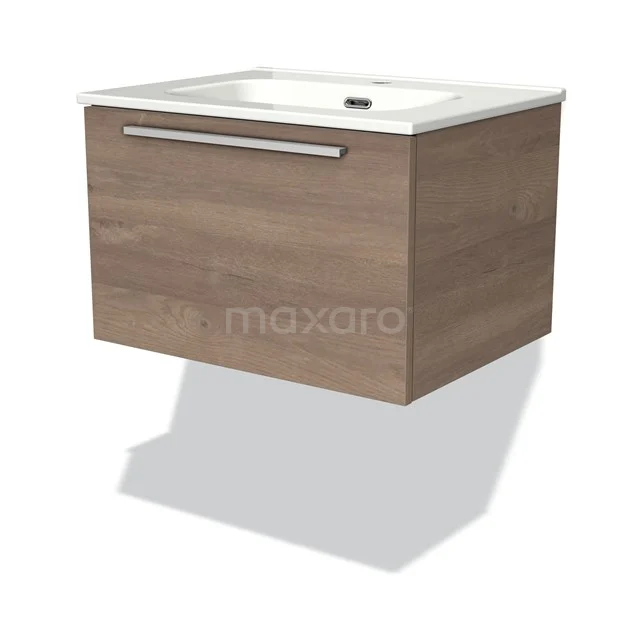 Badmöbel 60cm Modulo mittelbraune Eiche 1 Schublade Flaches Waschbecken Keramik BMW11-01820 Holz schwebendes Badezimmermöbel mit Schublade und integriertem Waschbecken, hellbraune Eiche Optik, modernes Design.