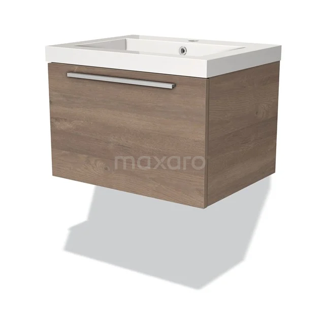 Badmöbel 60cm Modulo mittelbraune Eiche 1 Schublade Flaches Waschbecken Mineralguss BMW11-01824 Hölzerner schwebender Badschrank mit modernem Design, weißem Waschbecken und metallischem Haltegriff, ideal für ein stilvolles Badezimmer.