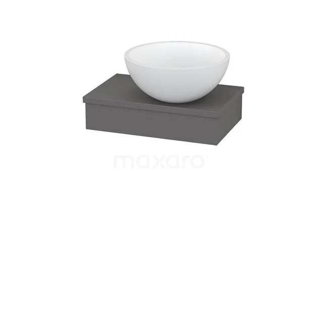 White round basin bowl on a matte grey base cabinet, modern bathroom set in ceramic and wood.