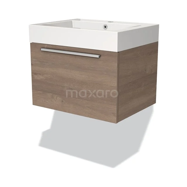 Holz Badezimmermöbel mit weißem Waschbecken, modernes Design, einschließlich chromfarbener Haltegriff, ideal für ein stilvolles Badezimmer.