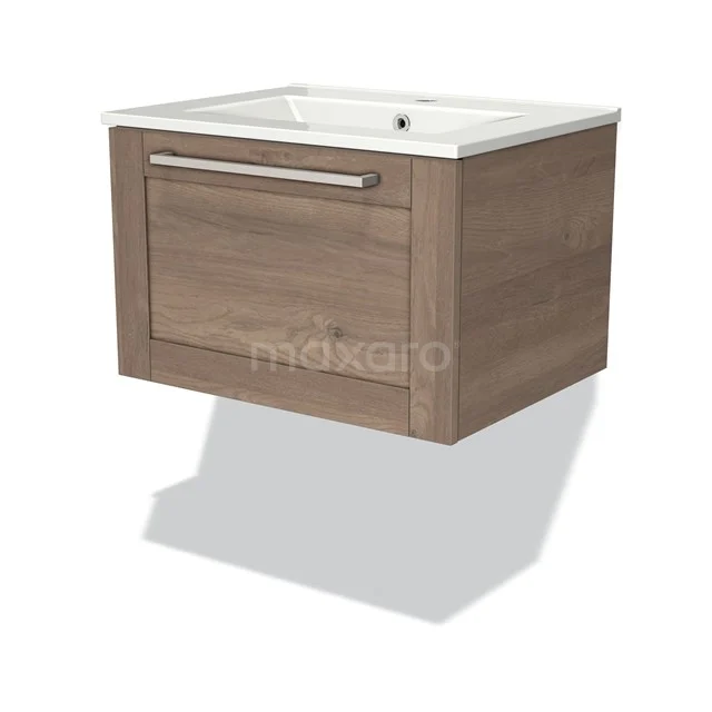 Wooden vanity unit with drawers, wall-mounted, natural wood look, white ceramic sink, compact design for the bathroom.