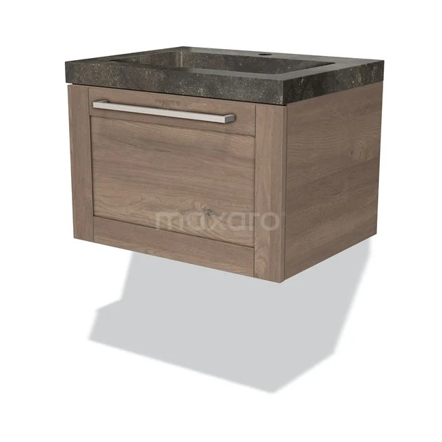 Wooden floating bathroom unit with drawers, dark stone-look vanity units with basin, modern design.