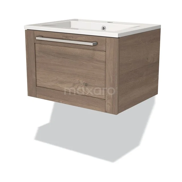 Holz-Badmöbel mit Waschbecken, hängendes Design in Eiche-Optik, integrierte Schublade und moderner verchromter Haltegriff.