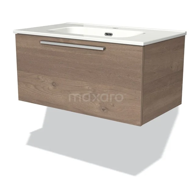 Modulo Vanity units with basin | 80 cm Mid brown oak Flat front Ceramic 1 drawer BMW11-01842