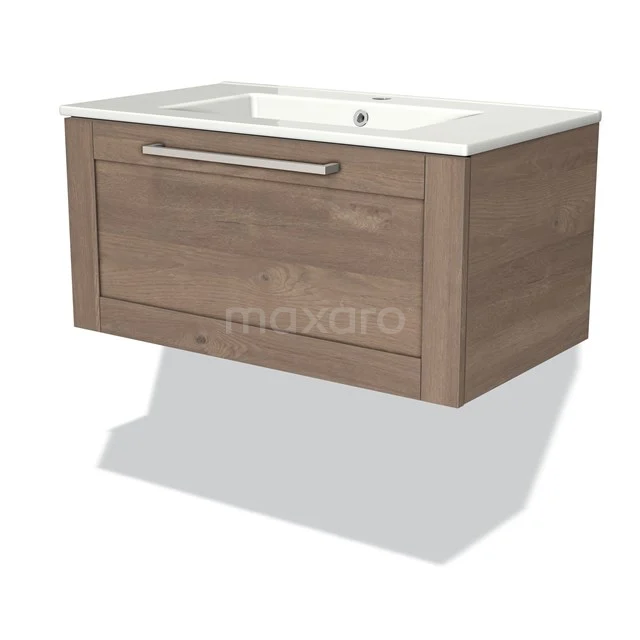 Modulo Waschtische | 80 cm Mittelbraune Eiche Rahmen front Keramik 1 Schublade BMW11-01851 Holz Badmöbel mit Schublade, weißem Waschbecken und metallischem Haltegriff, modernes Design, ideal für stilvolle Bäder.