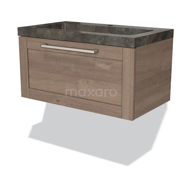 Wooden bathroom unit with dark marble sink and drawers, hanging design, ideal for modern bathroom design.