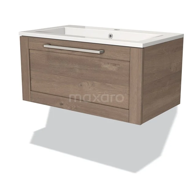 Wooden bathroom unit with integrated white vanity units with basin, modern handle and hanging design for a stylish bathroom.