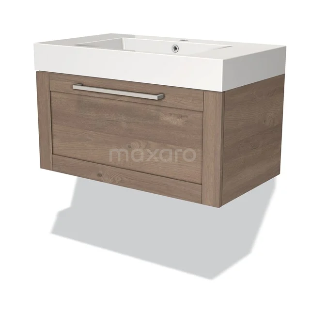 Modulo Bathroom furniture with sink | 80 cm Mid brown oak Frame front Mineral marble 1 drawer BMW11-01861 Wooden bathroom unit with white vanity units with basin, modern rectangular shape and built-in drawer with metal handle.