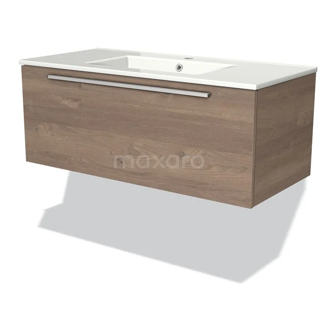 Holz-Badmöbel mit hängendem Design, mit weißem Waschbecken und geräumiger Schublade. Perfekt für moderne Bäder.