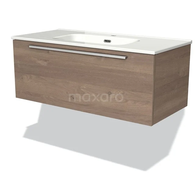 Modulo Vanity units with basin | 100 cm Mid brown oak Flat front Ceramic 1 drawer BMW11-01866