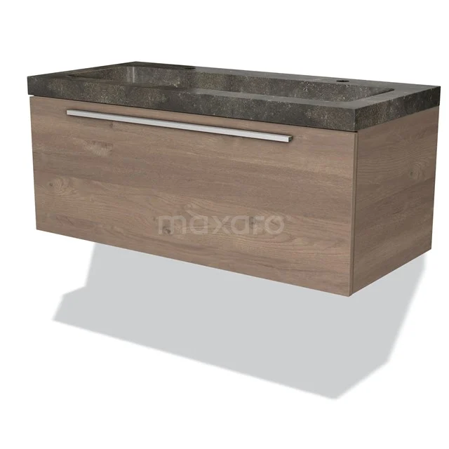 Wooden bathroom unit with dark stone vanity units with basin, drawers with metal handle, modern design for stylish bathroom.