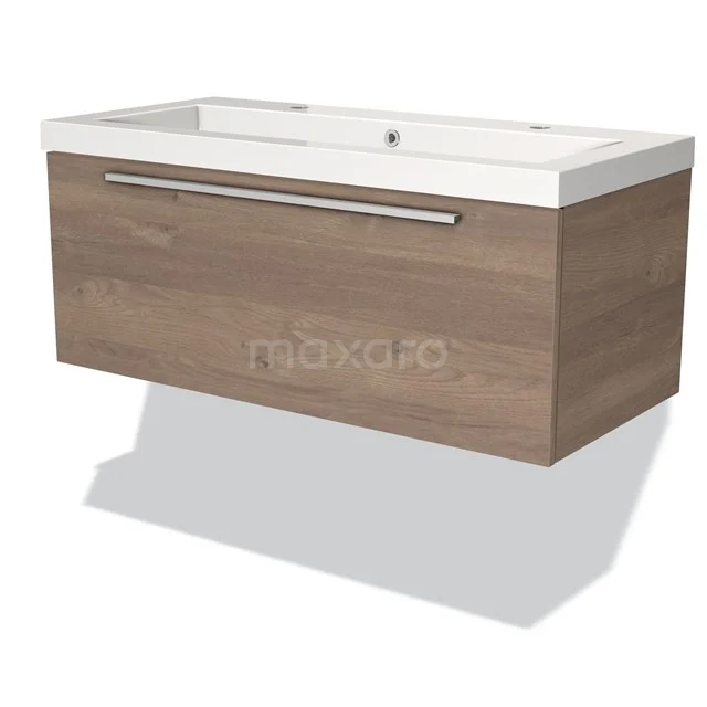 Holz Badezimmermöbel mit Waschbecken, Wandmodell, modernes Aussehen und breite Schublade mit metallischem Haltegriff.