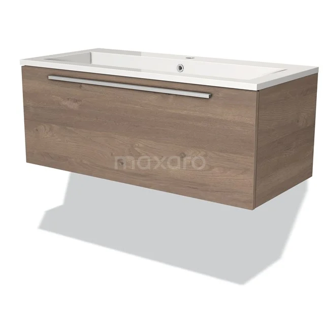 Holz Badezimmermöbel mit rechteckigem weißen Waschbecken, modernes Design und integrierter Haltegriff.