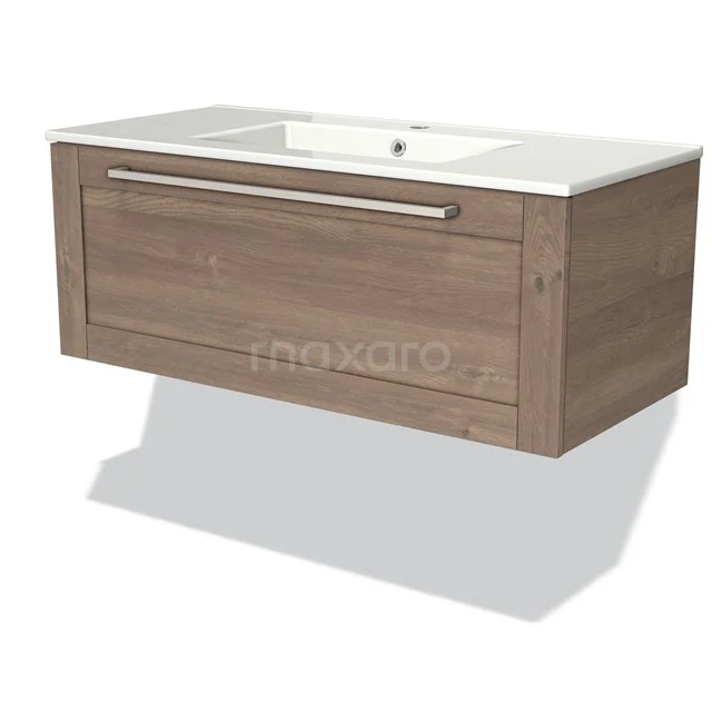 Modulo Vanity units with basin | 100 cm Mid brown oak Frame front Ceramic 1 drawer BMW11-01878 Wooden bathroom unit with drawers, hanging design and white ceramic basin, ideal for a modern bathroom.