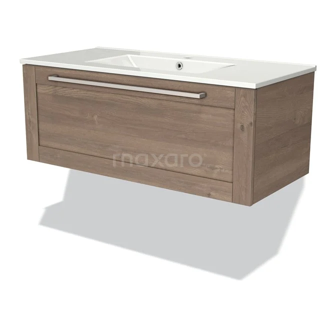 Wooden vanity unit with drawers and white ceramic basin, wall-mounted, ideal for modern bathroom design.
