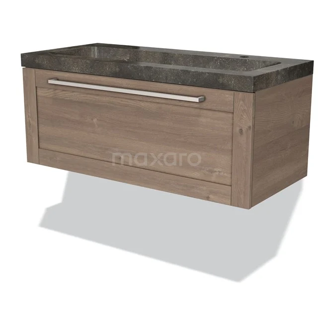 Wooden bathroom unit with a dark grey stone basin worktop and drawers, perfect for a stylish and functional bathroom.