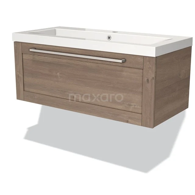 Holz-Waschtisch mit Schublade, Eichenoptik, hängendes Design, mit weißem Keramik-Waschbecken; ideal für moderne Bäder.