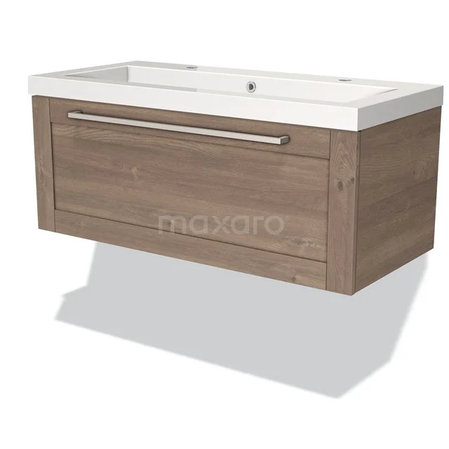 Wooden bathroom unit with drawers and white basin, modern wall unit in oak finish from luxury bathroom collection.