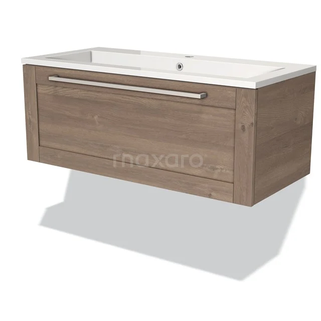 Wooden vanity unit with Oak look and white ceramic basin, perfect for stylish bathroom decor.