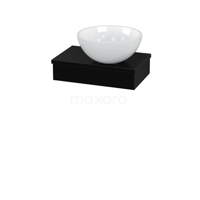 White ceramic basin bowl on a rectangular black furniture base, modern bathroom design with clean minimalist look.