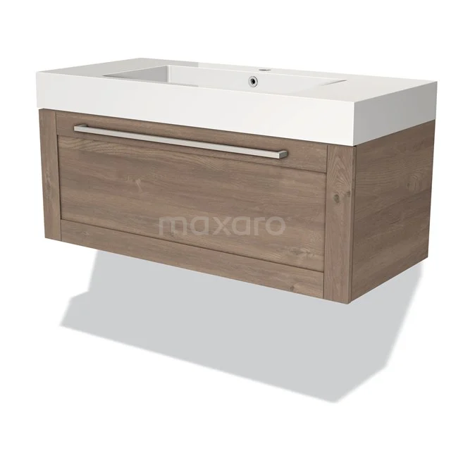 Holz-Badmöbel mit Schublade und keramischem Waschbecken, modernes Design in Eiche-Look, ideal für kompakte Bäder.