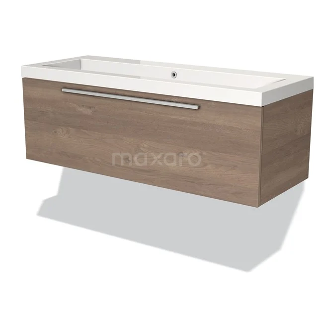 Holz Badmöbel mit Schublade, Waschbecken in weißer Keramik, modernes Design in Eicheoptik, ideal für ein stilvolles Badezimmer.