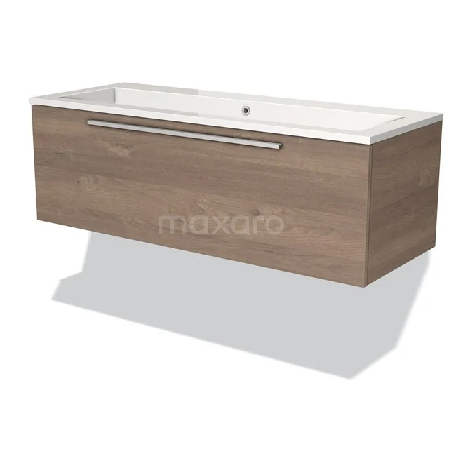 Hängendes Badmöbel mit Eichenholz-Finish und weißem Waschbecken, ausgestattet mit integriertem Haltegriff für einen modernen Look.