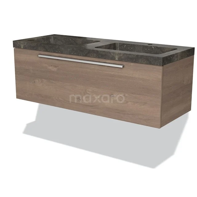 Wooden vanity units with basin, dark marble-look drawers and metal handle, modern design.