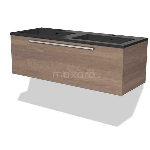 Wooden bathroom unit with vanity units with basin, dark stone worktop, modern design and sleek integrated handle.