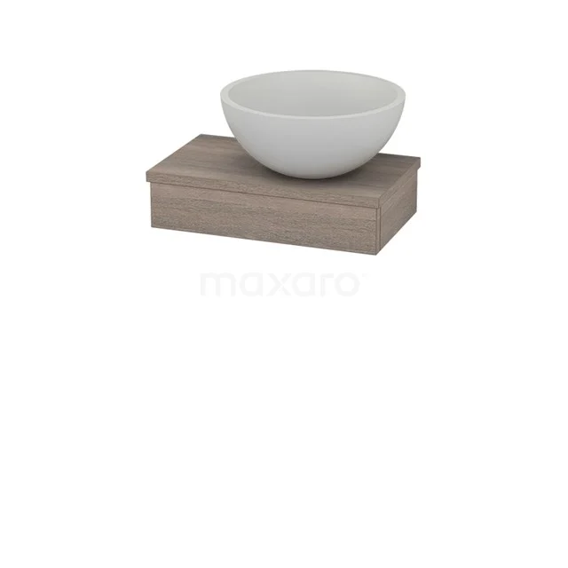 Shelf with countertop wash basin Solid surface Mat Modulo+ Pico Oak 40cm BMC001203 White ceramic countertop wash basin on a rectangular wooden basin worktop, perfect for modern bathroom design.