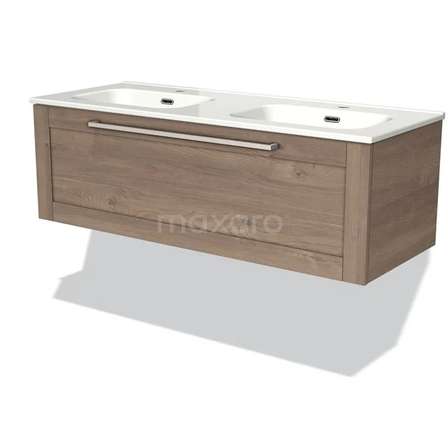Modulo Bathroom furniture with sink | 120 cm Mid brown oak Frame front Ceramic 1 drawer BMW11-01922 Double vanity unit with wood look, wide design and modern finish, ideal as a stylish addition to any bathroom.