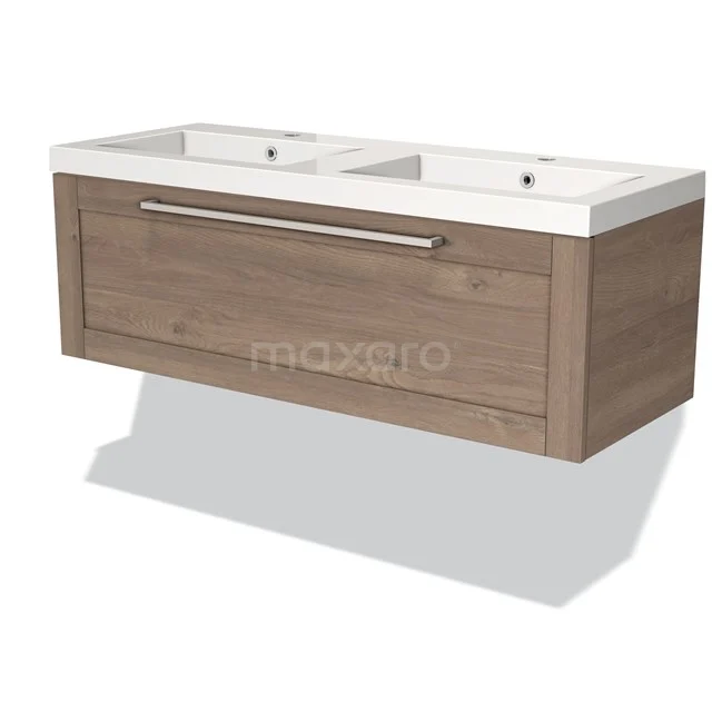 Modulo Waschtische | 120 cm Mittelbraune Eiche Rahmen front Mineralguss 1 Schublade BMW11-01927 Holz Badmöbel mit Doppelwaschbecken, moderne Ausstrahlung und Softclose-Schublade, ideal für eine stilvolle Badezimmerlagerung.