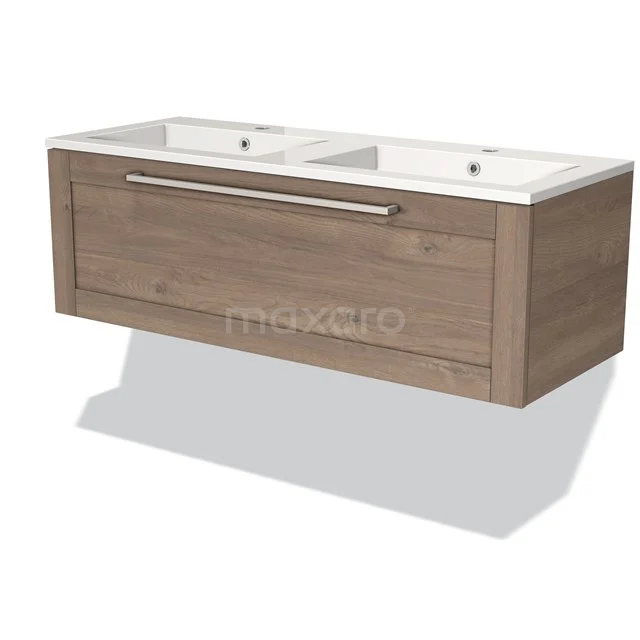Modulo Waschtische | 120 cm Mittelbraune Eiche Rahmen front Mineralguss 1 Schublade BMW11-01928 Holz-Badmöbel mit Doppelwaschbecken, neutrales Design und geräumiger Schublade, ideal für moderne Bäder.