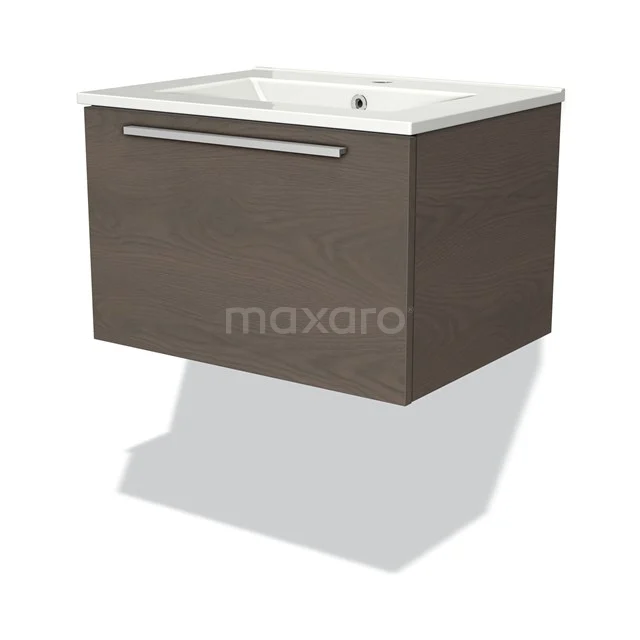 Hanging bathroom unit wood-look with drawers and integrated vanity units with basin, modern design dark oak, compact 60 cm wide.