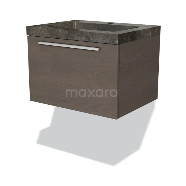 Holz-Badmöbel mit marmoriertem Waschbecken, schwebendes Design und metallischem Haltegriff für ein stilvolles und modernes Badezimmer.