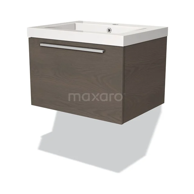Wall-mounted bathroom unit, dark wood-look with white sink and metal Handle, ideal for modern bathrooms.
