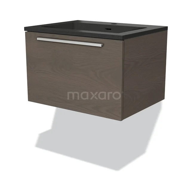 Wall-mounted bathroom unit wood-look, dark brown with black metal Basin worktop and Handle, modern design.