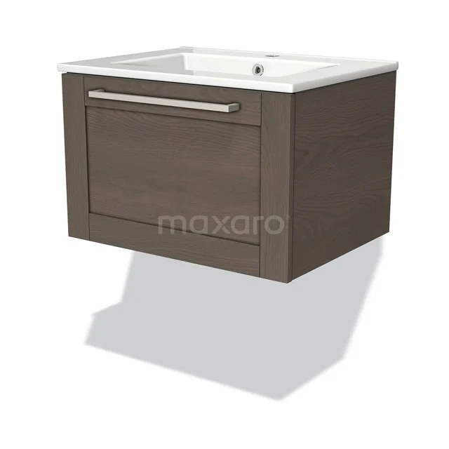 Floating bathroom unit dark wood with drawer, integrated vanity units with basin and metal handle, modern design.