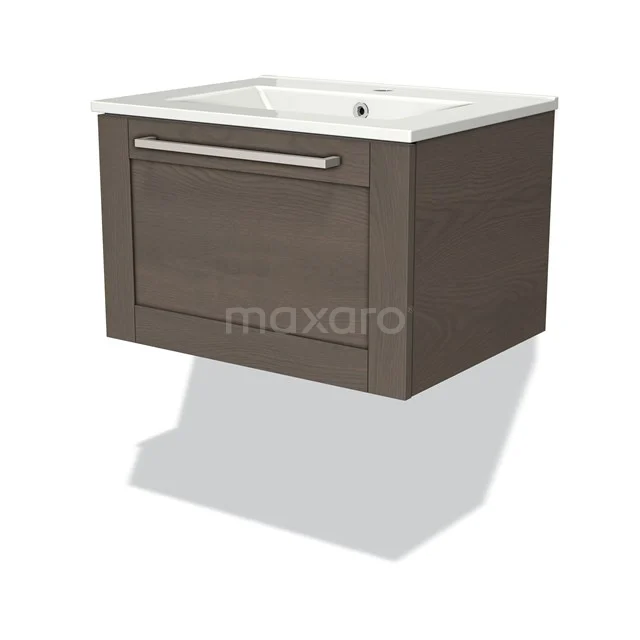 Modulo Vanity units with basin | 60 cm Dark brown oak Frame front Ceramic 1 drawer BMW11-01944 Brown floating wooden vanity unit with white ceramic sink, ideal for a modern bathroom style.