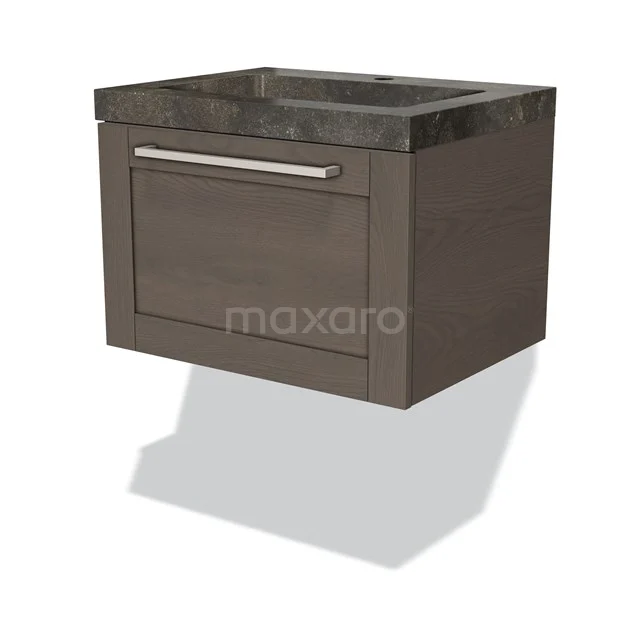 Wooden hanging bathroom cabinet with dark marble basin, drawer with chrome handle, modern design for compact bathrooms.