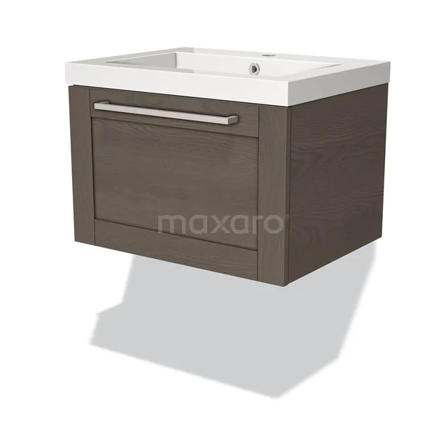 Matt black wooden vanity unit with drawers and white ceramic countertop wash basin, ideal for stylish bathroom design.