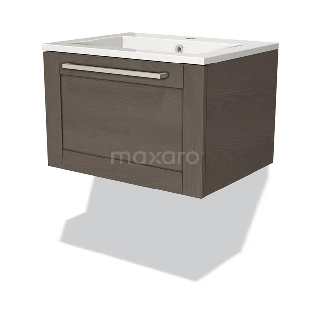 Wall-mounted wood-look bathroom unit with single white washbasin, drawers with metal Handle, compact design for modern bathrooms.