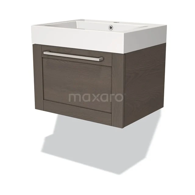 Wall-mounted bathroom unit with drawers, wood-look finish, white basin, compact design, ideal for small bathrooms.
