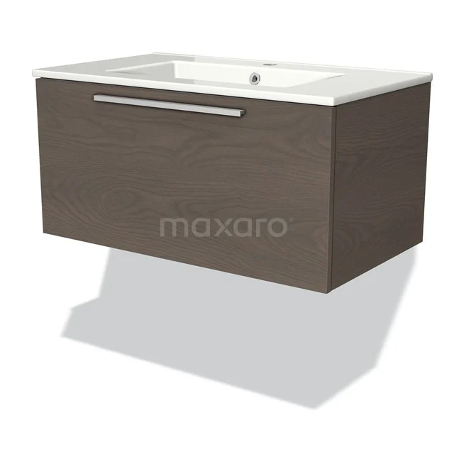 Houten badkamermeubel met lade, wandmontage en witte wastafel; modern design van donker eikenhout.