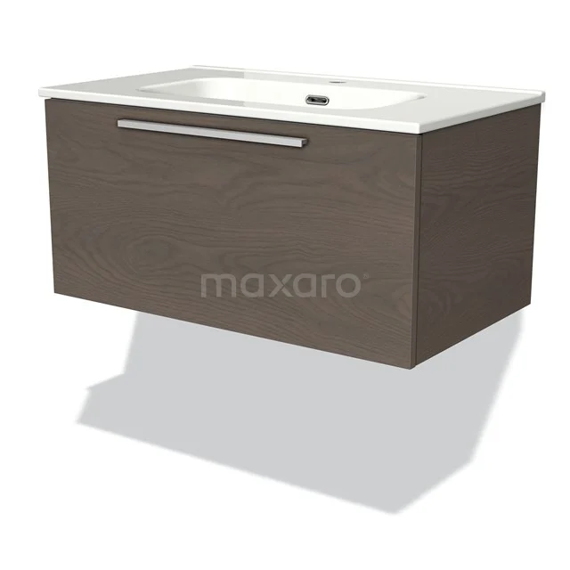 Wandhängendes Badezimmermöbel in dunklem Holzfurnier, mit weißem keramischen Waschbecken und integrierter Aufbewahrungsdrawer.