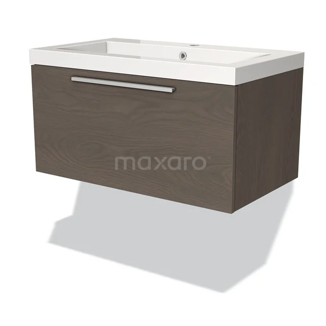 Moderne houten badkamerkast met wastafel, wandmontage, donker eiken afwerking, strak design en metalen handgreep.