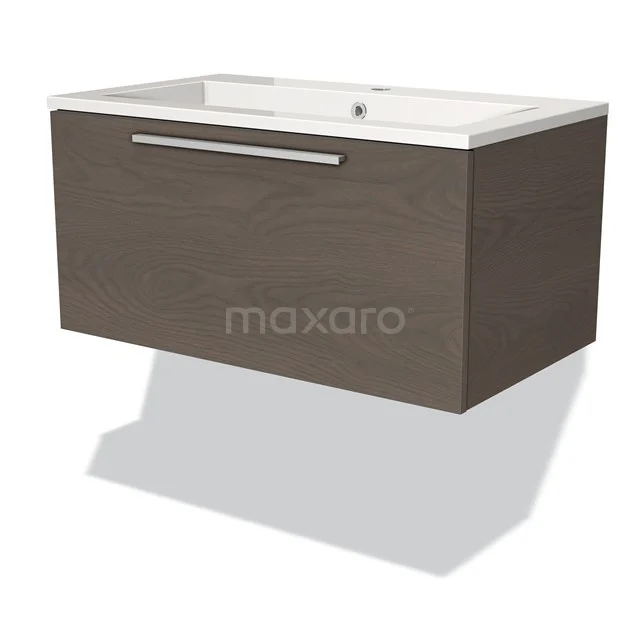 Wandhangend badkamermeubel donker hout, met witte wastafel en moderne chromen greep, compact en stijlvol ontwerp.