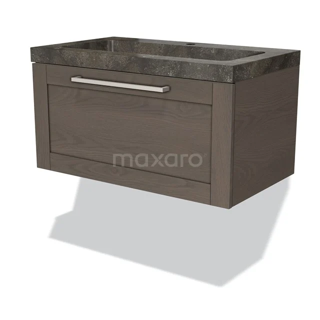 Modulo Bathroom furniture with sink | 80 cm Dark brown oak Frame front Natural stone 1 drawer BMW11-01970 Wall-mounted bathroom unit with drawer, wood-look brown, black marble Basin worktop, modern design for bathrooms.