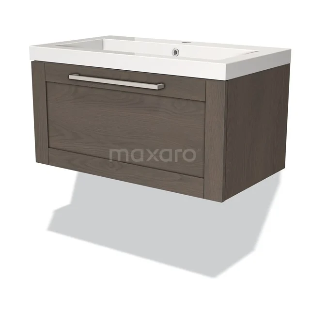 Modulo Vanity units with basin | 80 cm Dark brown oak Frame front Mineral marble 1 drawer BMW11-01973 Modern brown wooden basin base cabinet with drawers and integrated white Basin, perfect for any stylish bathroom.